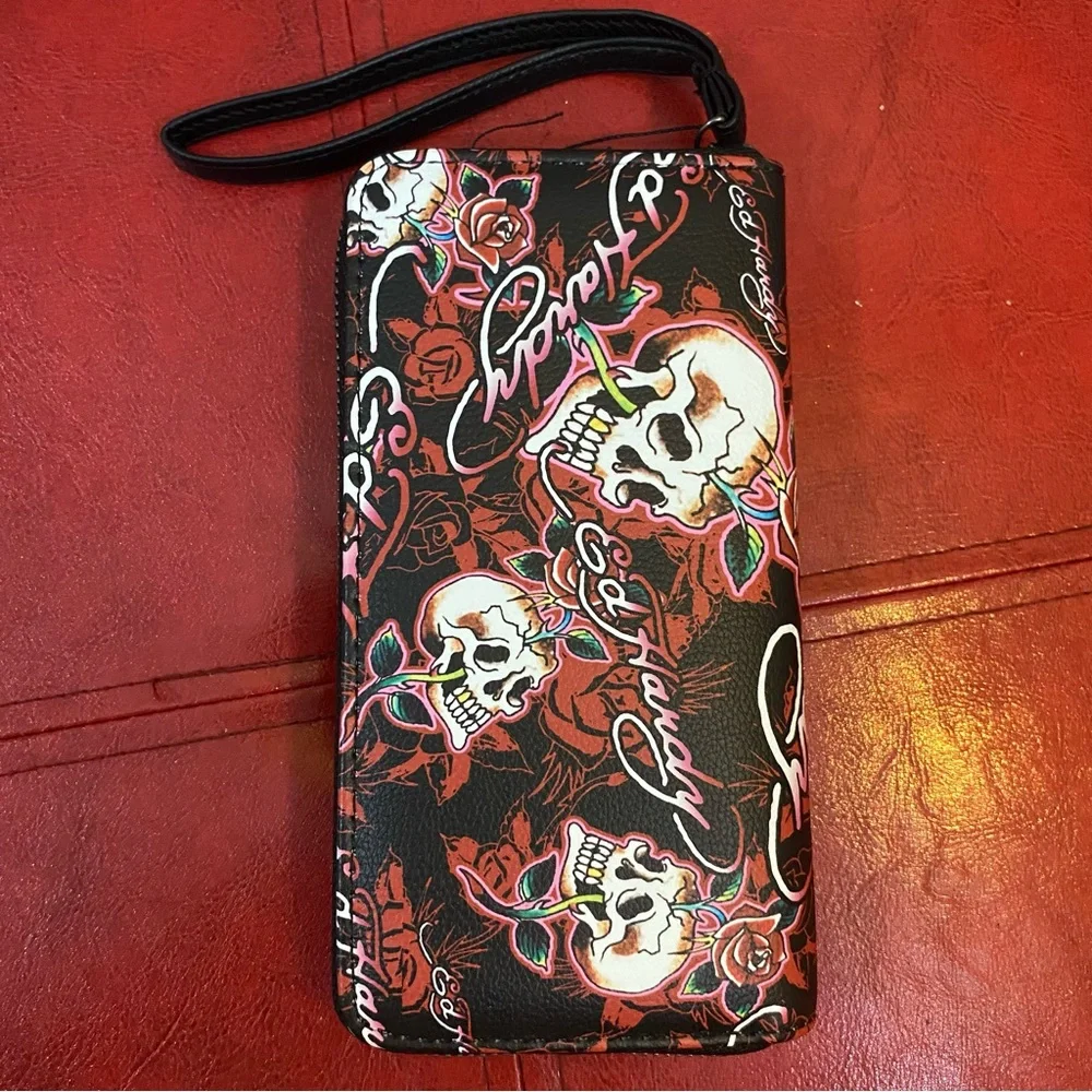 Ed Hardy Black Wallet with Red Rose & White Skull Accents